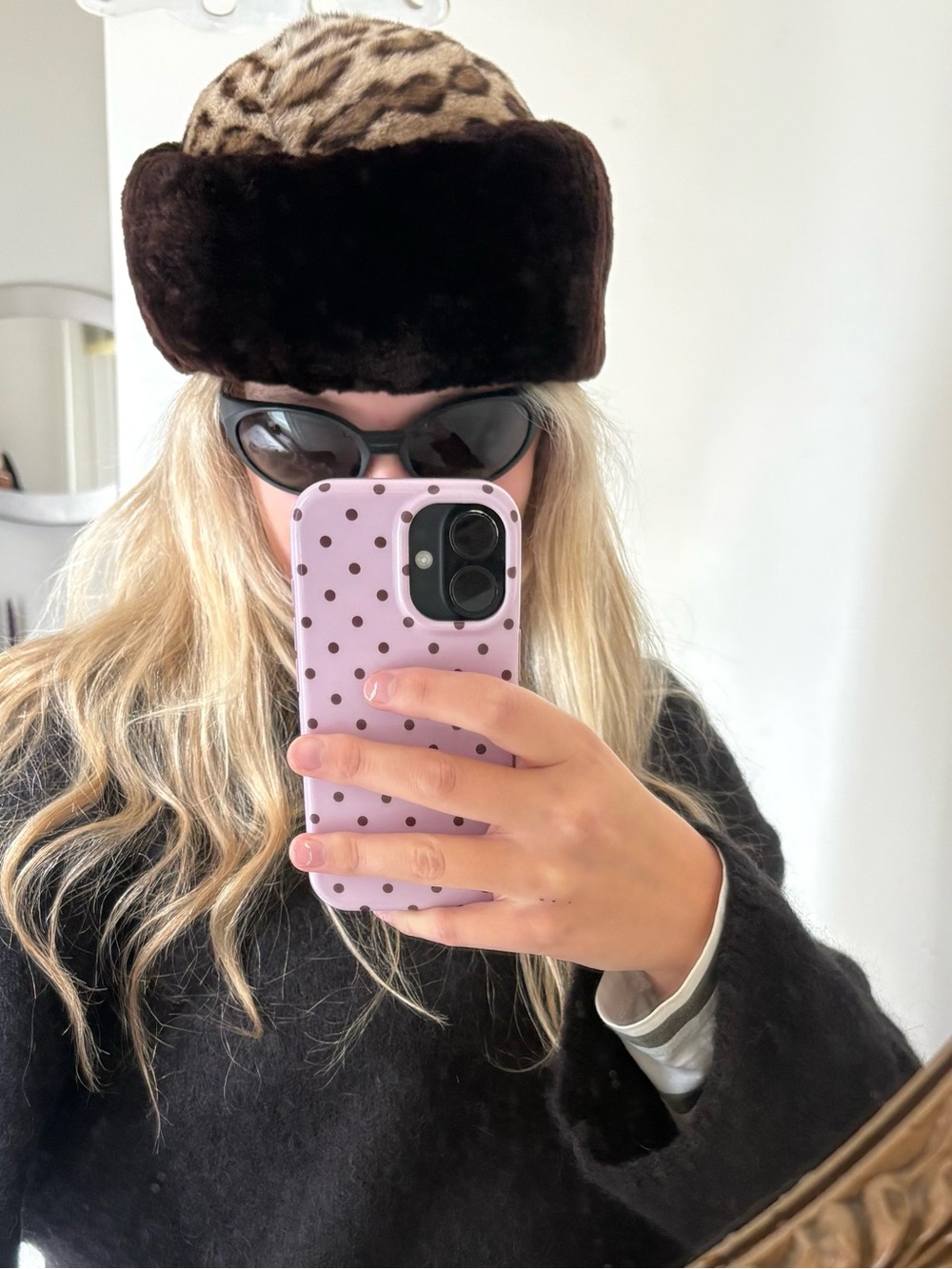 Vintage real Fur Leopard Trim Russian-Style Winter Hat - Brown